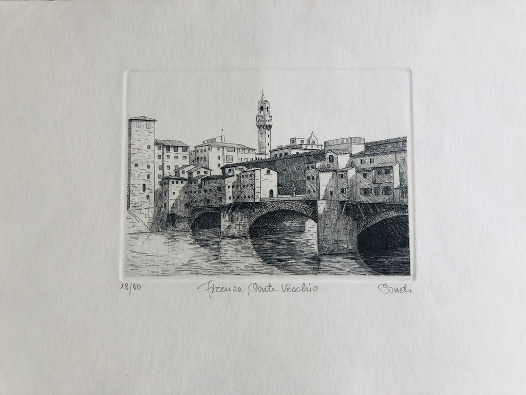 Original Florence Etching - Ponte Vecchio