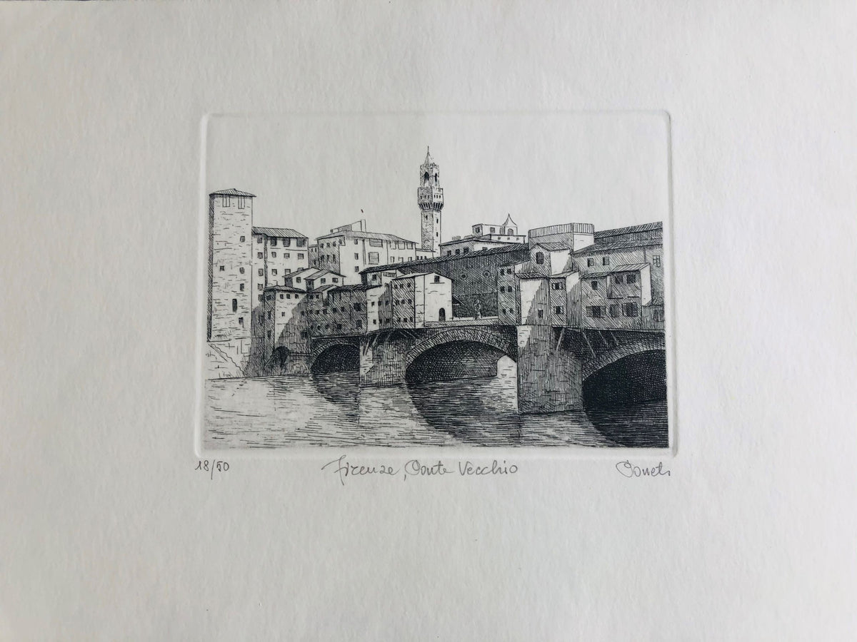 Original Florence Etching - Ponte Vecchio