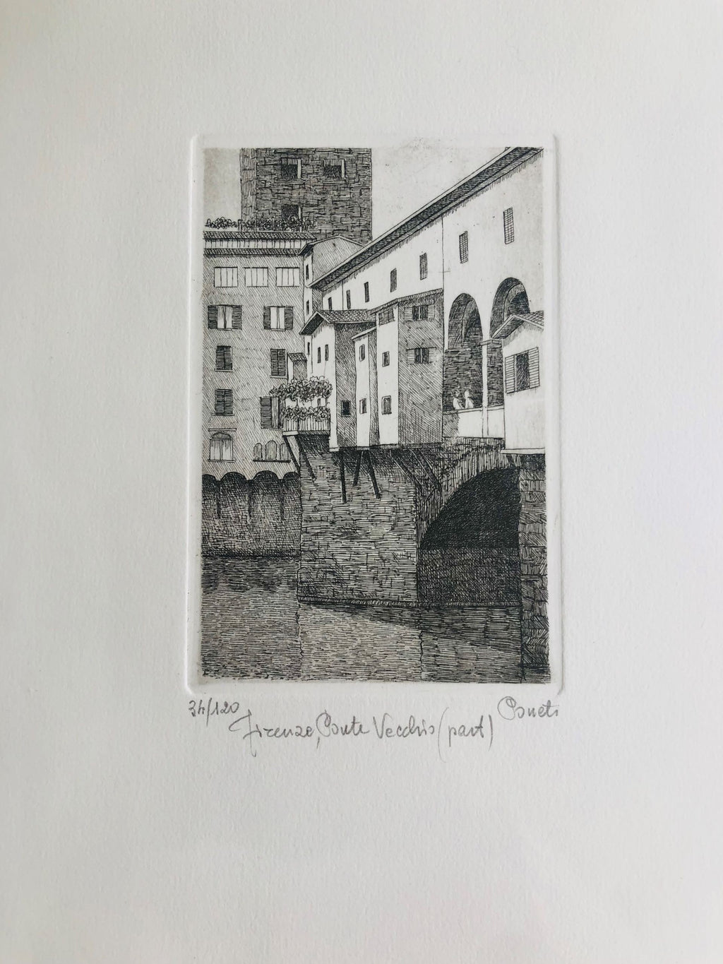 Original Florence Etching - Ponte Vecchio (part)