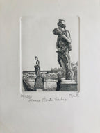 Original Florence Etching - Statues of Ponte Vecchio