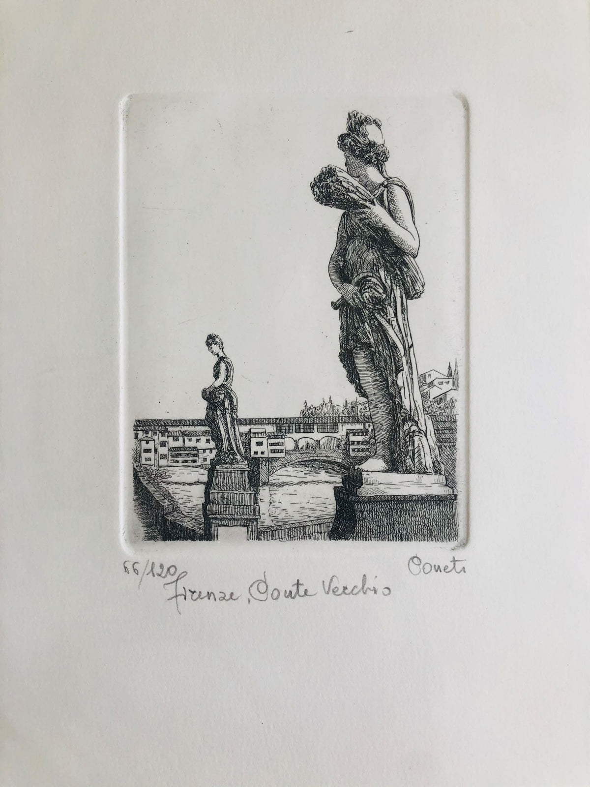 Original Florence Etching - Statues of Ponte Vecchio