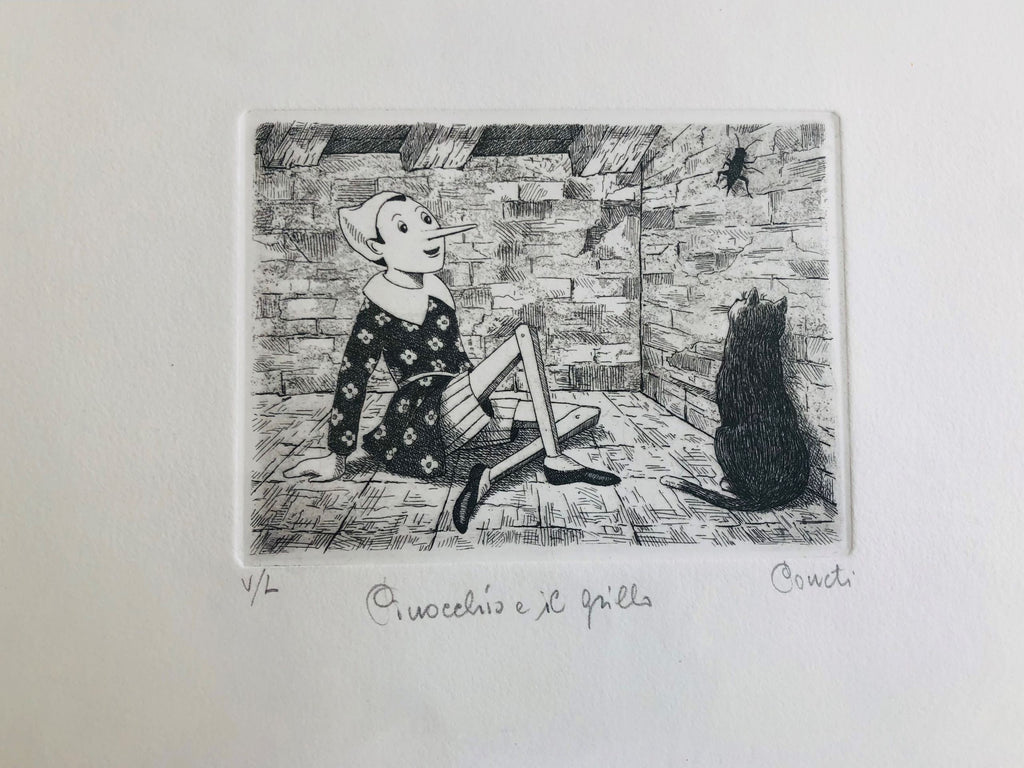 Original Italian Etching - Pinocchio and the cricket