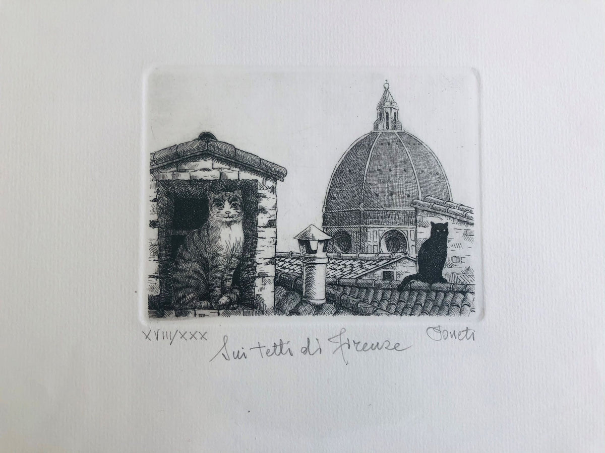 Original Florence Etching - Cats on the rooftop