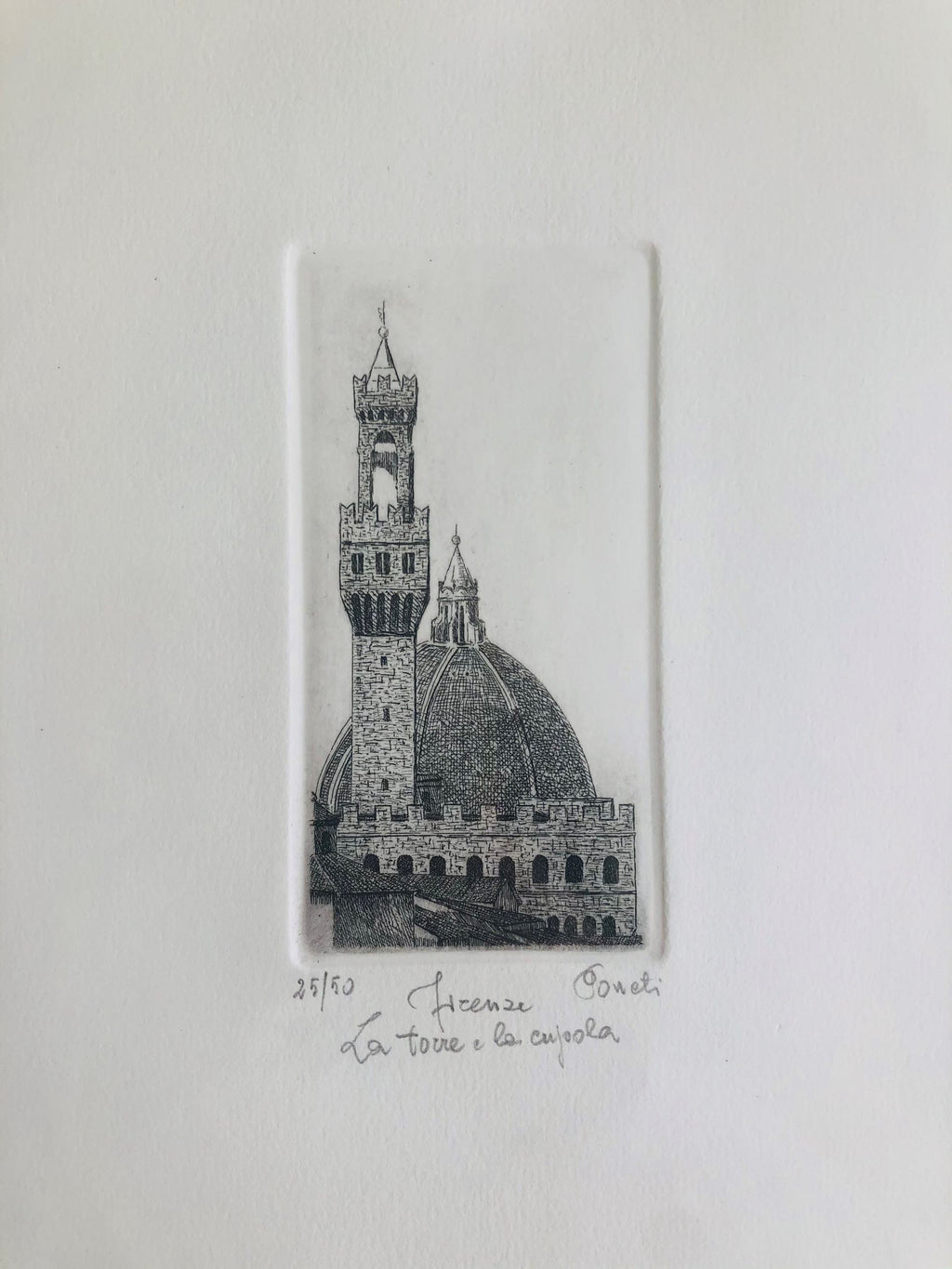 Original Florence Etching - Palazzo Vecchio and Il Duomo
