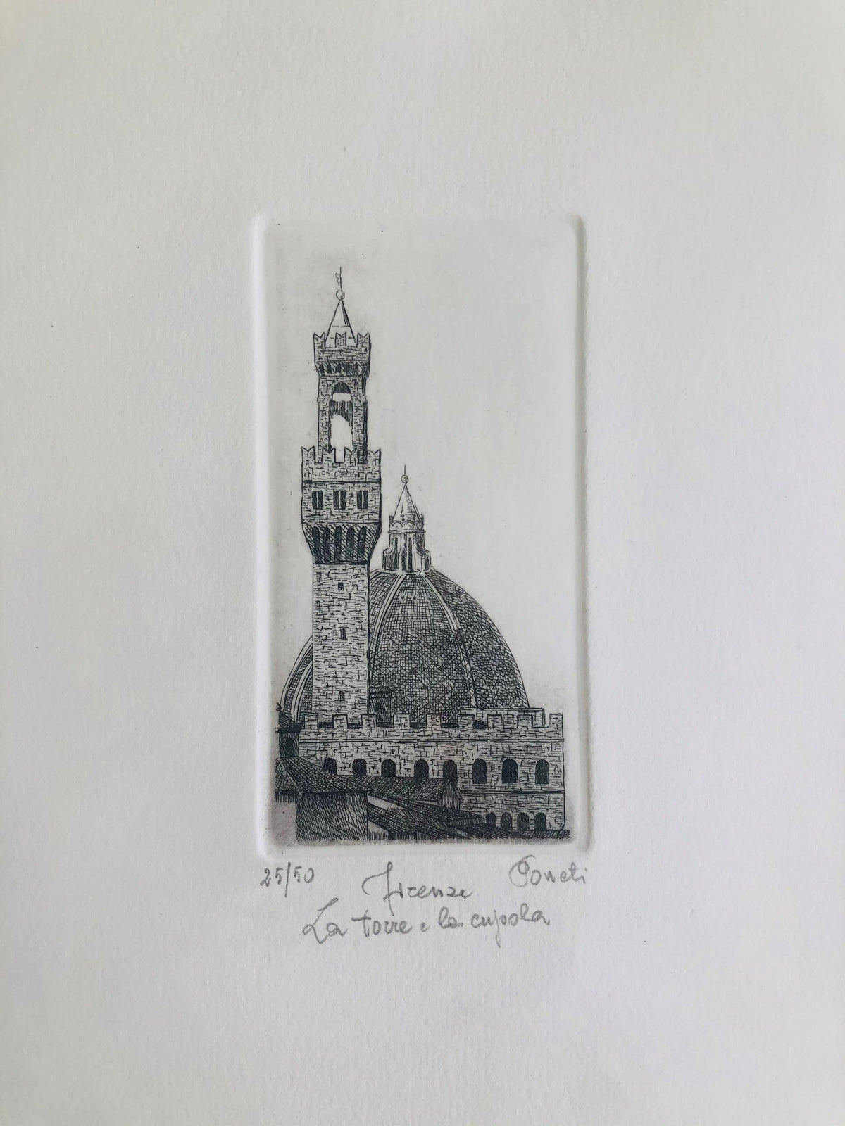 Original Florence Etching - Palazzo Vecchio and Il Duomo