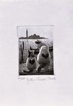 Original Italian Etching - Cats in Venice