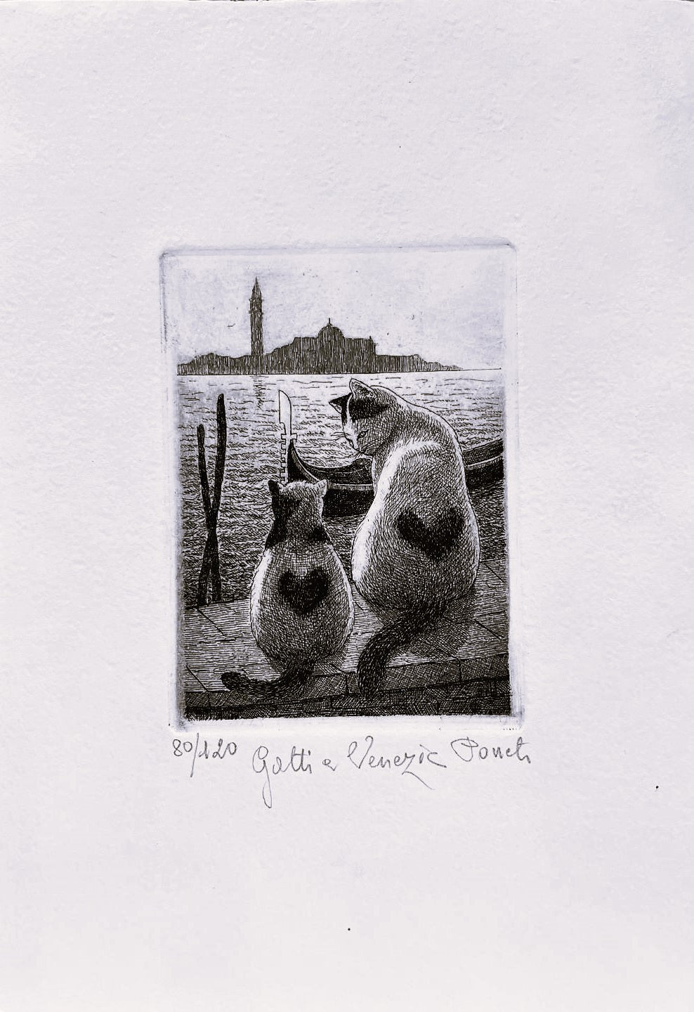 Original Italian Etching - Cats in Venice