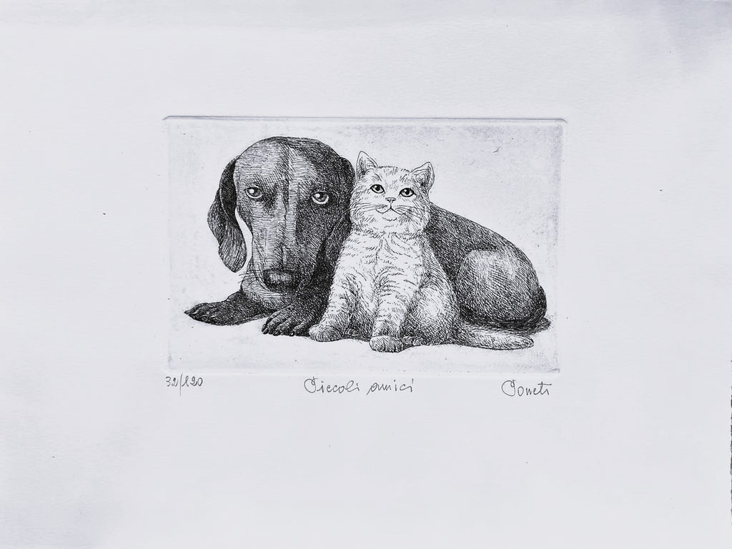 Original Italian Etching - Little Friends