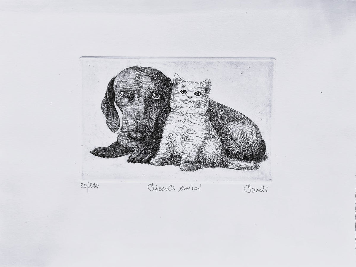 Original Italian Etching - Little Friends