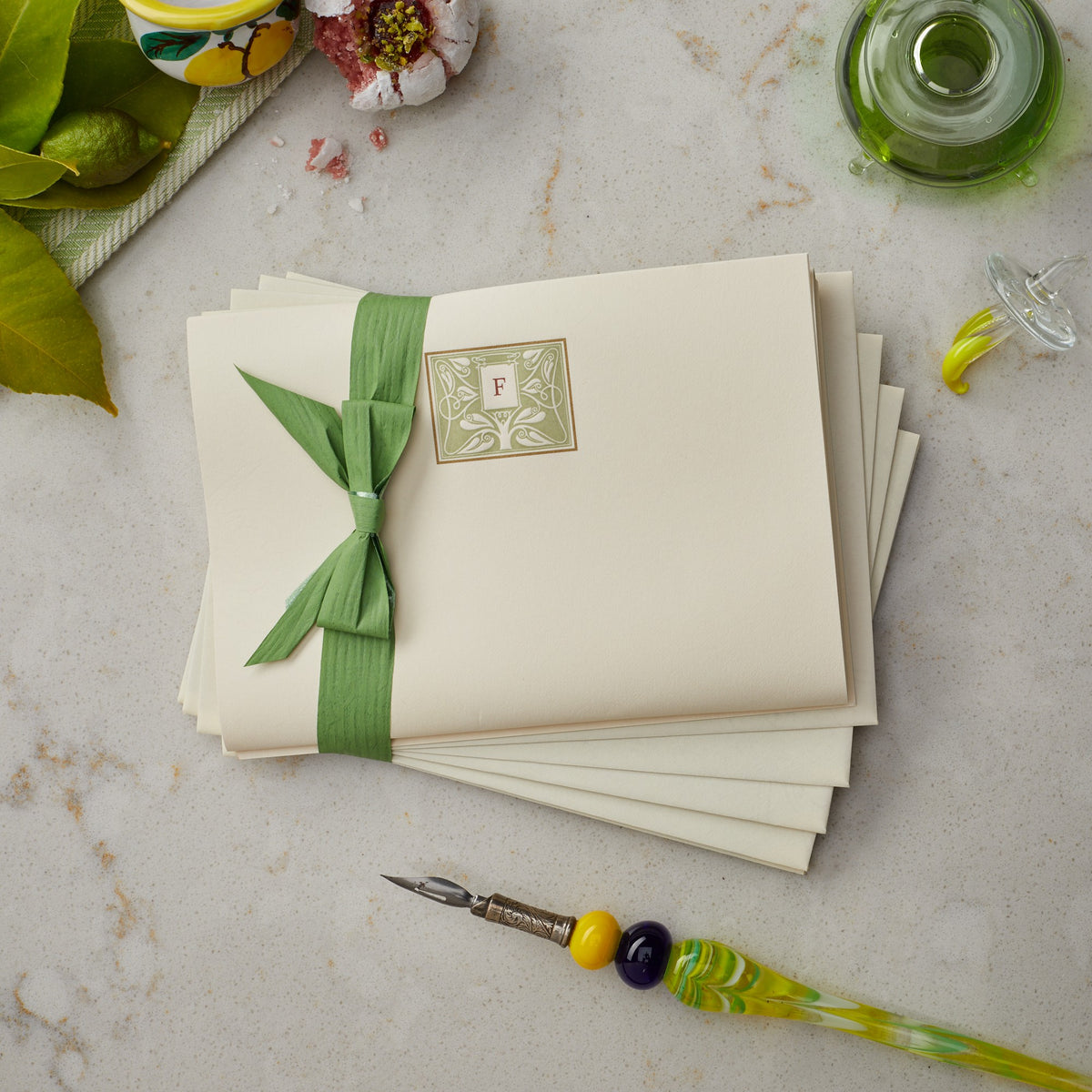 Green Monogrammed Writing Paper and Envelope