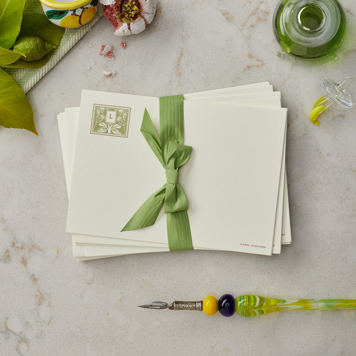 Green Monogrammed Correspondence Card and Envelope