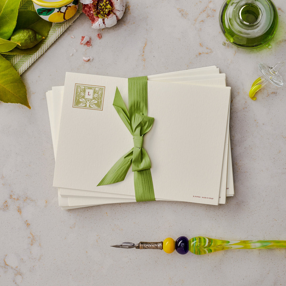 Green Monogrammed Correspondence Card and Envelope