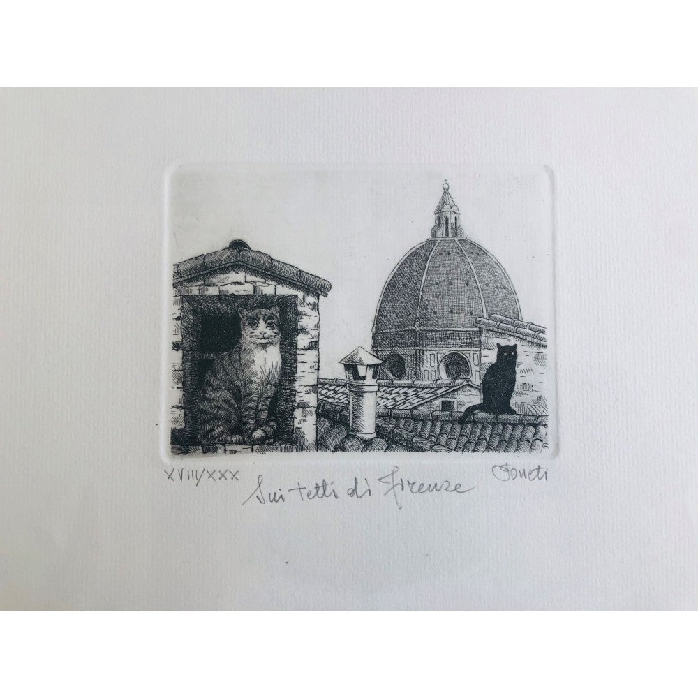 Original Florence Etching - Cats on the rooftop
