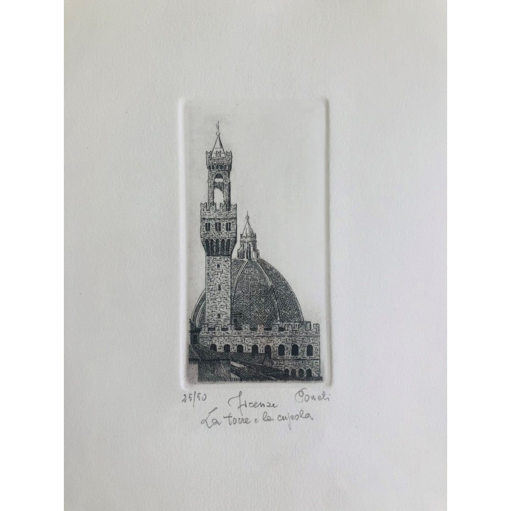 Original Florence Etching - Palazzo Vecchio and Il Duomo
