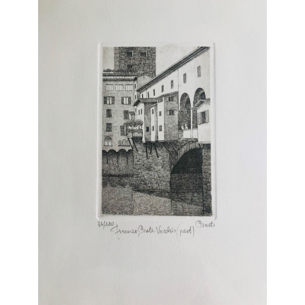 Original Florence Etching - Ponte Vecchio (part)