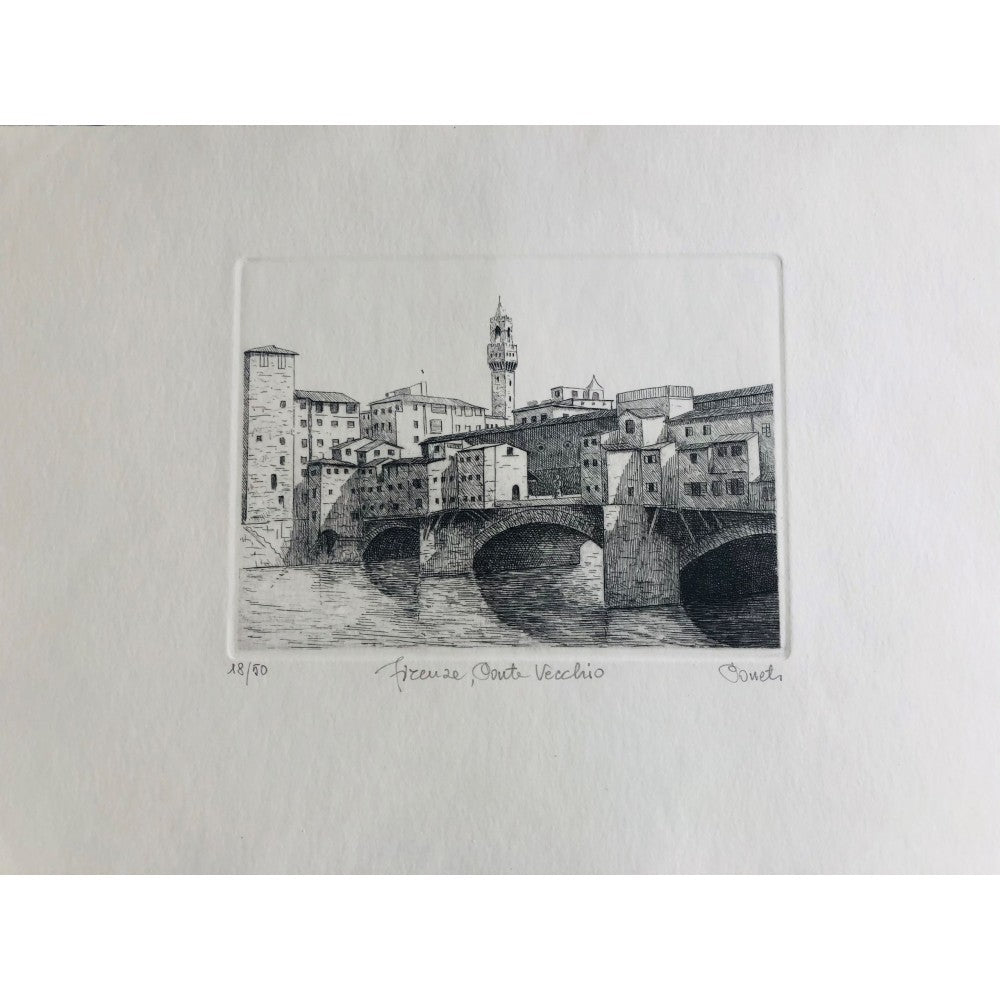 Original Florence Etching - Ponte Vecchio