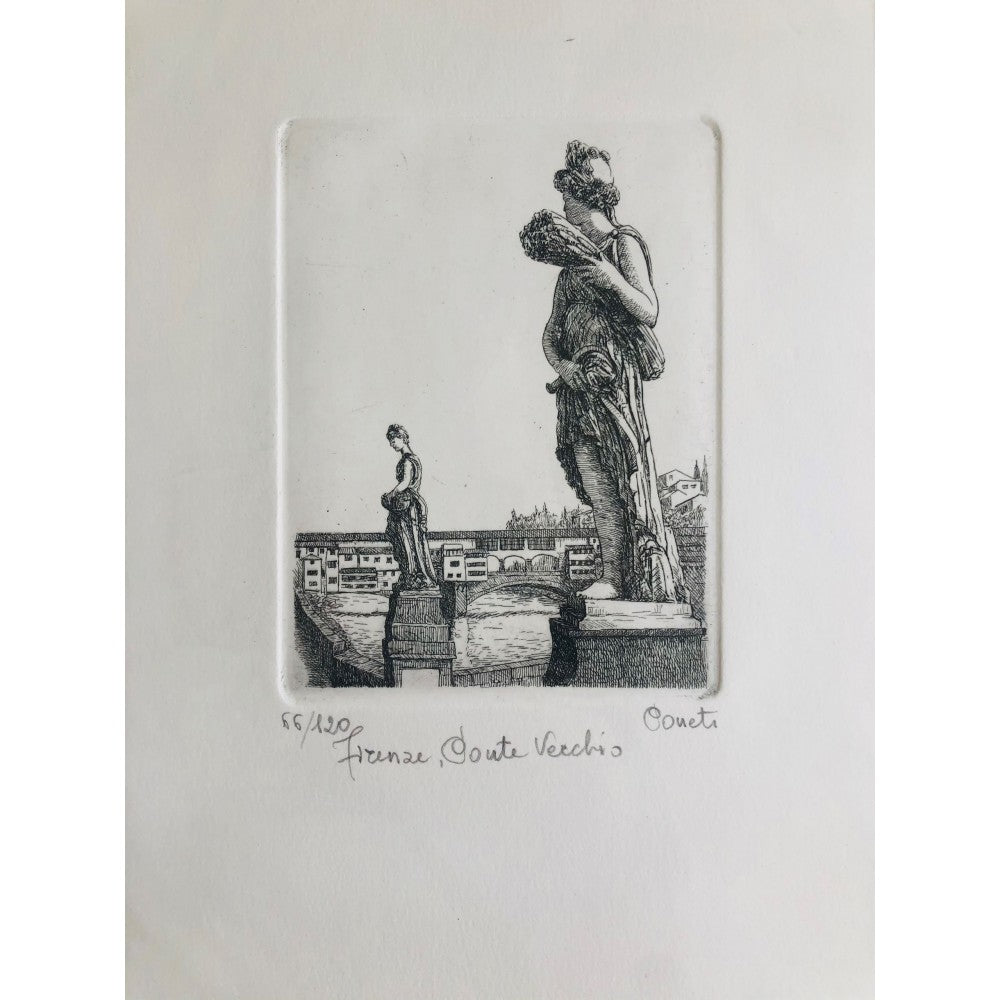 Original Florence Etching - Statues of Ponte Vecchio