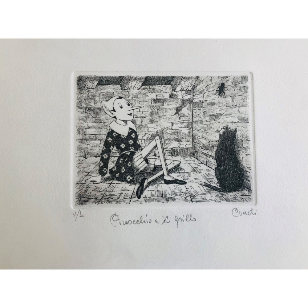 Original Italian Etching - Pinocchio and the cricket